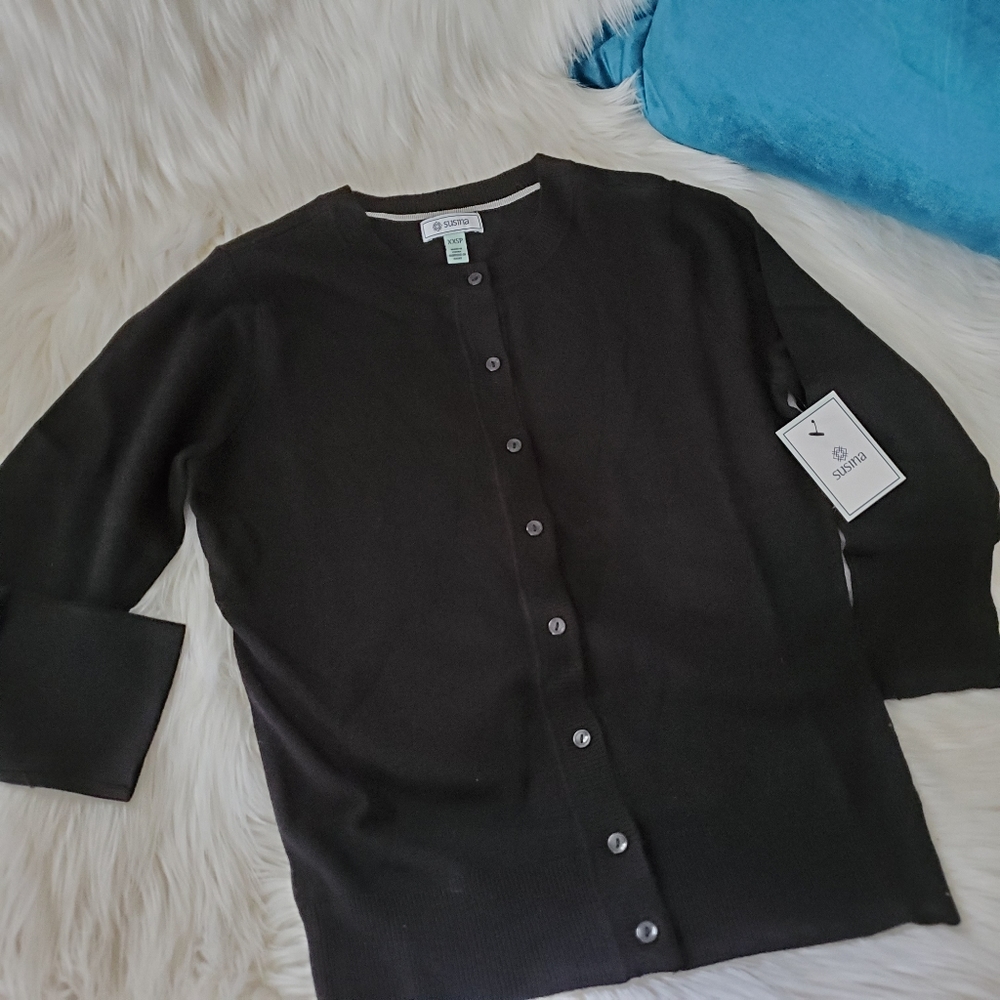 NEW Susina Crew Neck 3/4 Sleeve Cardigan - Black